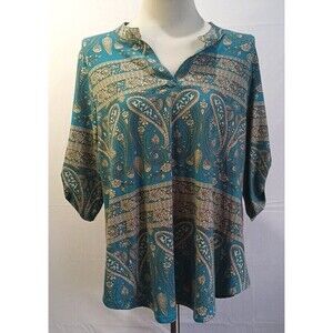Othyroce Womens 3/4 Sleeve Blouse Turquoise Paisley Design Stretchy 2XL New